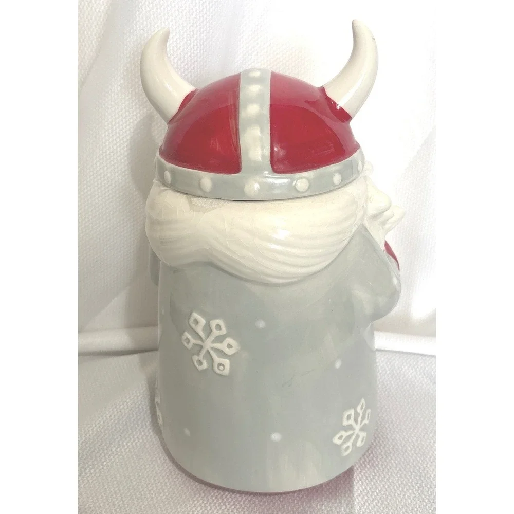 Sleigh Bell Bistro Viking Gnome Ceramic Cookie Jar Grey Red Snowflake Christmas